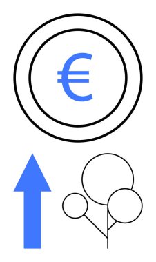 Çemberde ekonomiyi temsil eden Euro sembolü, ilerleme için yukarı doğru ok ve sürdürülebilirliği sembolize eden soyut ağaç. Finans, yatırım, sürdürülebilirlik, büyüme, eko-dostluk için ideal