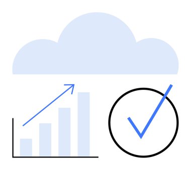 Yukarı doğru büyüyen bir bulut ve başarıyı gösteren büyük bir kene izi. İş için ideal, analitik, bulut hesaplama, büyüme, verimlilik, veri depolama, güvenilirlik. Düz basit metafor