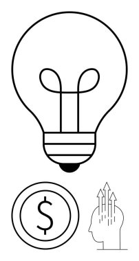 Yeniliği temsil eden ampul, finansal hedefler için dolar çemberi ve yukarı doğru düşünmek için oklarla kafa. Yaratıcılık, yenilik, finans, büyüme, girişimcilik ve başarı için ideal