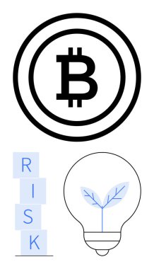 Kalın bir daire şeklinde Bitcoin para birimi simgesi, istiflenmiş risk blokları, eko-yaprak dizaynlı ampul. Engelleme zinciri, finans stratejileri, yenilik, eko-sürdürülebilirlik, risk yönetimi, gelecek için ideal