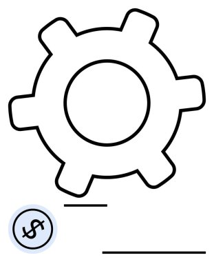 Dolar işaretinin bitişiğindeki vites finansal yönetimi, ekonomik süreçleri ve verimliliği simgeliyor. Fintech, otomasyon, maliyet yönetimi, sistem entegrasyonu, verimlilik, iş akışı için ideal