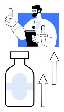 Doktor elinde bir aşı şişesi ve tablet, büyük bir ilaç şişesi ve yukarı doğru iki ok tutuyor. Tıbbi araştırma, sağlık süreci, aşı süreci, ilaç üretimi, tedavi yeniliği için ideal