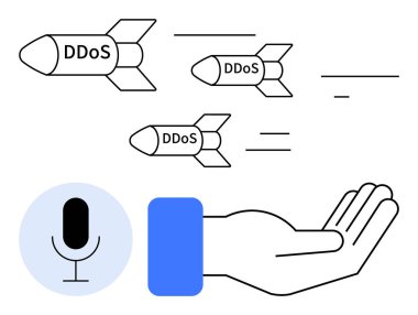 DDoS füzeleri bir eli hedef alıyor. Savunmasızlığı sembolize ediyor. Mikrofon unsuruyla. Siber güvenlik, veri koruması, çevrimiçi tehditler, dijital savunma, bilişim riskleri, internet güvenliği, daire