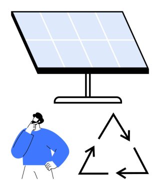 Düşünceli duruş ve geri dönüşümlü okların yanında büyük bir güneş paneli. Sürdürülebilirlik, temiz enerji, karar verme, geri dönüşüm, eko-bilinç, yeşil teknoloji için ideal