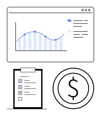Eğilimli finans grafiği, panodaki kontrol listesi ve yönetim, planlama, hedefler, analizler, bütçe kar ekonomisini temsil eden bozuk para işareti. Finansal strateji görselleri için ideal. Düz