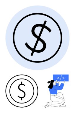 İşletmeyi, finansmanı, teknolojiyi, e-ticareti, programlamayı, yatırımları ve finansal yeniliği yansıtan bir kod bloğuyla ilgilenen bir programcıyla dolar işareti. Fintech kodlaması için ideal