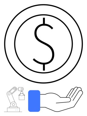 Robotik bir kolun üstündeki para sembolü açık bir ele bir nesne veriyor. Finans, otomasyon, teknoloji, yenilik, yapay zeka, yatırım, iş stratejisi için ideal. Düz basit metafor