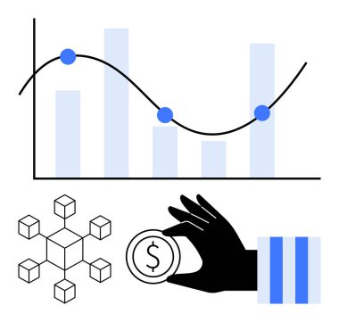 Sınır çizelgeleri, engelleme düğümü yapısı, madeni parayı temsil eden el ele tutuşmalar, finans, veri analizi. Fintech, business, engelleme zinciri, yatırım analitik ekonomisi dijital için ideal
