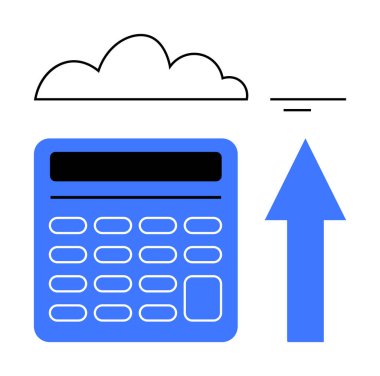 Bulutun altındaki dijital hesap makinesi yukarı bakan, bulut depolamayı, veri paylaşımını ya da çevrimiçi yedeklemeyi sembolize eden bir ok. Finans, teknoloji, bulut hesaplama, veri güvenliği ve analitik sektörü için ideal
