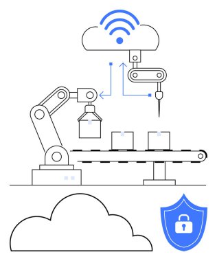 Taşıyıcı banttaki robotik kollar güvenli ağ ile buluta bağlandı. Oklar veri akışını görselleştirir. İOT, otomasyon, imalat, teknoloji, güvenlik, yenilik ağı için idealdir. Düz basit