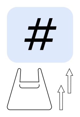 Yükselen eğilimleri ve internetteki bağlantıları gösteren oklarla dolu bir alışveriş çantasının üzerinde meta veri etiketi sembolü. Sosyal medya, pazarlama, e-ticaret, markalaşma, dijital büyüme, perakende, eğilimler için ideal