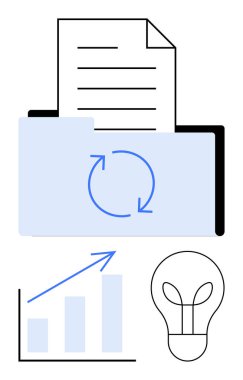 Belge ve simge eşzamanla, yukarı doğru büyüme grafiği ve parlak ampul ile dizin. Veri yönetimi, yenilik, ilerleme izleme, iş büyümesi, yaratıcılık, bulut senkronizasyonu, düz basit metafor
