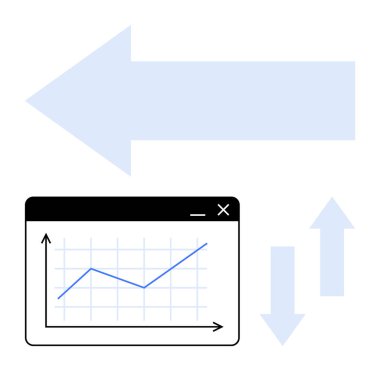 Penceredeki çizgi çizelgesi yukarı yönlü mavi okları gösteriyor. Analiz, ilerleme, büyüme, trendler, iş, tahmin ve strateji için ideal. Düz basit metafor