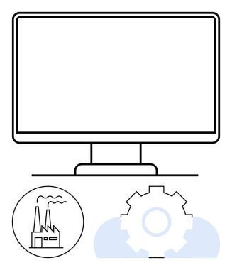 Sanayi otomasyonunu, imalatı ve teknolojiyi temsil eden imalat ikonu ve teçhizat üzerinde bilgisayar monitörü. Endüstri, IoT, mühendislik, işlemler, yenilik, üretkenlik için ideal