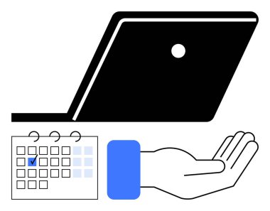 Dizüstü bilgisayar, tarihi işaretlenmiş takvim ve dijital verimliliği, görev çizelgesini ve kaynak tahsisini ön plana çıkaran açık el yazısı. İş, planlama, zaman yönetimi ve eğitim için ideal