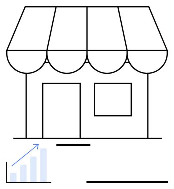 Basit çizilmiş mağaza önü mavi yukarı doğru eğilimli grafikle eşleştirilmiş. Ticari büyüme, pazarlama, perakende başarısı, girişimcilik, finansal planlama, strateji ve e-ticaret için idealdir. Düz basit