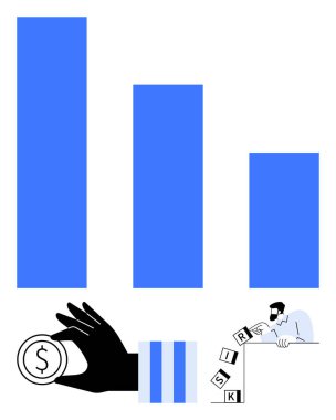 Verileri karşılaştıran dikey bar tablosu, dolar parasıyla yatırımı sembolize eden el ve risk bloklarını düzenleyen kişi. Finans, yatırım, risk yönetimi, strateji, istatistik için ideal