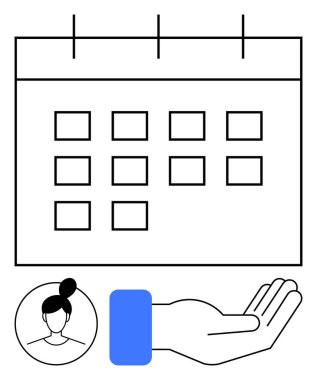 Elin üstündeki takvim ızgarası ve zaman yönetimi, destek ve işbirliğini vurgulayan kullanıcı profili simgesi. Planlama, organizasyon, takım çalışması, kullanıcı yardımı, erişilebilirlik, zamanlama için ideal