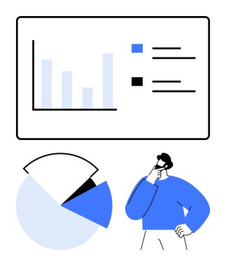 İş adamı, bar çizelgesi ve pasta tablosu analiziyle veri kavrayışına kafa yoruyor. Veri görselleştirme, analitik, strateji, planlama, karar verme, raporlama için ideal, düz basit metafor
