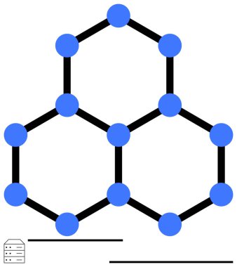 Mavi dairelerin moleküler deseni ve veri depolama ikonu olan altıgen siyah çizgiler. Kimya, teknoloji, veri bilimi, yapay zeka, yenilik, bağlantı ve eğitim için ideal. Düz basit metafor