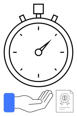 Kronometre, hassas zamanlamayı, hediye vermeyi veya almayı sembolize eden açık bir eli ve mali ödülü olan bir belgeyi gösteriyor. Zaman yönetimi, üretkenlik, finans, ödüller, süreler için ideal