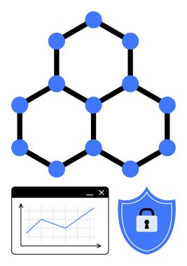 Altıgen engelleme ağı, analitik arayüzü simüle eden veri grafiği ve veri güvenliğini vurgulayan kalkan. Yenilik, teknoloji, siber güvenlik, dijital analiz, finans, engelleme zinciri için ideal