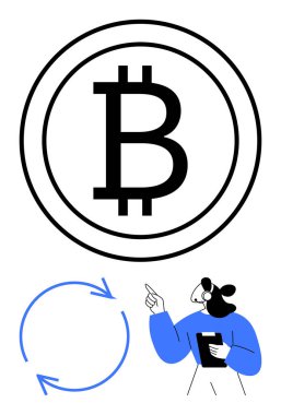 İşlem ya da takas için kalın, dairesel oklarda Bitcoin sembolü ve açıklama ya da sunum yapan bir kişi. Kripto para birimi, engelleme zinciri, takas, finans, yenilik teknolojisi fintech için ideal. Düz