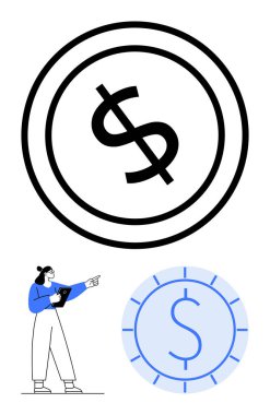 Büyük dolar sembolleri, elinde tablet olan bir kadın mali stratejiye odaklanırken para birimi değerini vurgular. Finans, yatırım, bütçe, tasarruf, ekonomik eğitim, kişisel büyüme için ideal