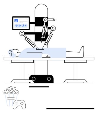 Elektronik sağlık monitörüyle ameliyat masasında yatan hastaya robotik kollar ameliyat yapar. Sağlık, teknoloji, yenilik, robot bilimi, cerrahi, yapay zeka ve gelecek kavramları için idealdir. Düz