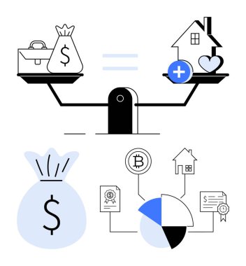Denge terazisi finansal unsurları karşılaştırır. Para, gayrimenkul ve bitcoin 'i onaylar. Pasta grafiği, sertifika, ev ikonları içerir. Zenginlik yönetimi, yatırım ve tasarruf için ideal