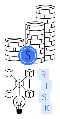 Dolar sembollü sikkeler, engelleme ağı şeması, istiflenmiş RISK blokları ve ampul ikonu. Finans, yenilik, yatırım, engelleme zinciri için ideal teknoloji, büyüme fikirlerinin soyut çizgisini riske atıyor