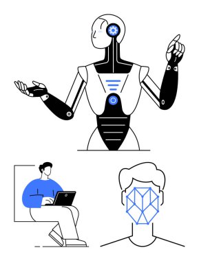 Robot hareketler, dizüstü bilgisayarda çalışan biri ve yüz tanıma sistemi. Teknoloji, yapay zeka, makine eğitimi, yüz tanıma, gelecekteki dijital araştırma kavramları için ideal. Düz