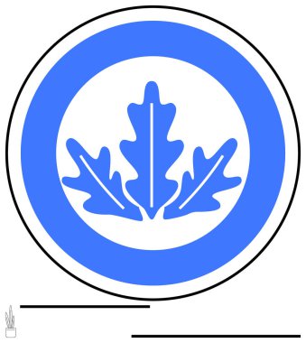 Mavi meşe yaprakları kalın dairesel bir sınır içinde simetrik olarak sıralanmış. Sürdürülebilirlik, ekoloji, doğa koruma, yenilenebilir kaynaklar, yeşil yaşam, organik markalaşma, çevre