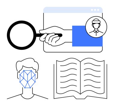 İnternet profili üzerinde tutulan büyüteç, yüz tanıma sistemi, açık kitap. Teknoloji, araştırma, kişisel veriler, güvenlik, eğitim tanımlama analizi için idealdir. Düz basit