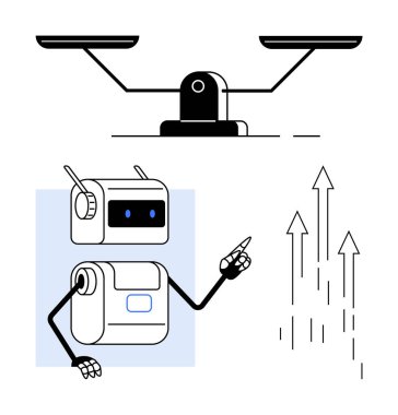 Denge ölçeği ve yukarı bakan okları gösteren robot. Teknoloji, yenilik, ilerleme, büyüme, denge, robotik ve ilerleme temaları için idealdir. Satır metaforu