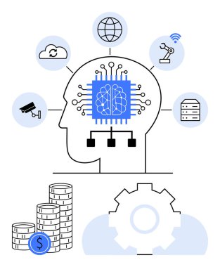 Bulut, teknoloji ve finans ikonları ile çevrili merkezi yapay zeka çipi olan insan kafası. Teknoloji, yapay zeka, veri işleme, yenilik, otomasyon Fintech gelecek kavramları için ideal. Düz basit