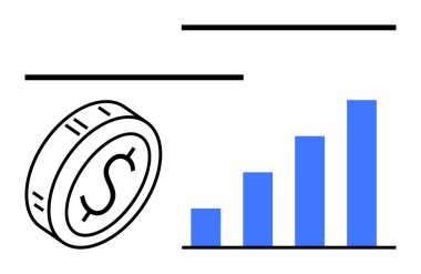 Yükselen mavi çizelgenin yanında dolar işareti olan bozuk para. Finans, yatırımlar, iş analizleri, ekonomik büyüme, pazar eğilimleri, karlılık, soyut çizgi düz metaforu için ideal