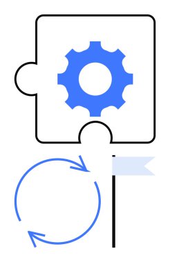 Vites bulmacası, dairesel oklar ve bayrak çizim süreci sinerji, işbirliği, başarı, strateji, iş akışı, organizasyon gelişimi. Takım çalışması planlamak için ideal basit bir metafor