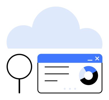 Tarayıcı penceresinin yanında büyüteçle birlikte veri analizi içeren bir bulut. Teknoloji için ideal, bulut depolama, veri analizi, büyük veri, bilgi edinme, web çözümleri, düz basit metafor