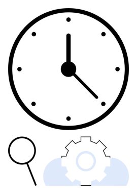 Zaman analizini, verimliliği, iş akışını, verimliliği, hassasiyeti ve optimizasyonu vurgulayan saat yüzü, vites ve büyüteç. İş yönetimi planlama performans stratejisi için ideal