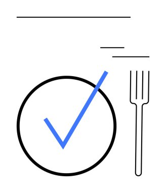 Mavi işaretli bir daire ve çizgili bir çatal, tamamlanmış görevleri, yemekleri ve basitliği çağrıştırıyor. Yemek planları, yemek uygulamaları, görev takibi, tamamlanma, minimalizm, organizasyon dairesi için ideal