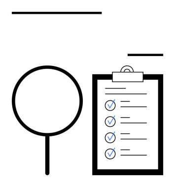 Kontrol listesiyle panoya odaklanan büyüteç denetim, organizasyon, planlama, başarı, uyum, hedef ayarını sembolize eden kontrol işaretleri. Üretkenlik ve proje yönetimi için ideal