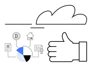 Turta grafiği, kripto para birimi, dokümanlar, ev, sertifika ve onay eli gibi veri bağlantılarının üstünde bulut var. Teknoloji, finans ve yatırım veri paylaşımı için ideal yenilik