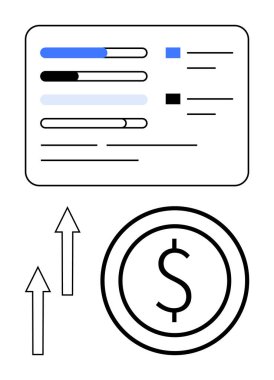 Finans panelindeki ilerleme çubukları, bir dolar bozuk para ve yukarı çıkan oklar büyüme ve performansı vurguluyor. Finans, yatırım, analitik, bütçe, ekonomi ve iş başarısı için idealdir.