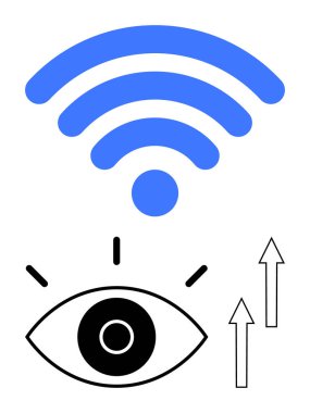 Kablosuz sinyal dalgalarının altında, yukarı doğru oklarla eşleştirilmiş tek bir açık göz. Teknoloji, yenilik, ilerleme, ağ oluşturma, akıllı sistemler, büyüme analizi görsel takip için idealdir. Düz basit metafor