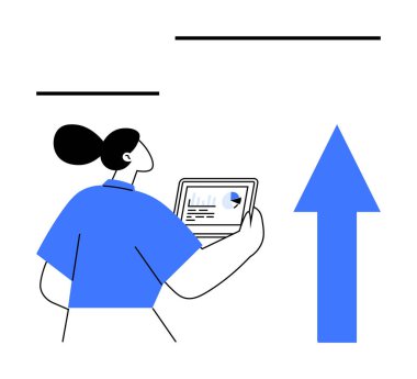 Analitik değerleri ve tabletleri yukarı doğru büyük bir okun yanında gösteren bir tablet tutan kadın. Analiz, iş büyümesi, başarı, ilerleme, hedefler, performans ve strateji için ideal. Düz basit metafor