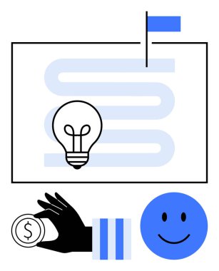 Yol üzerindeki ampul yaratıcılığı gösteriyor, hedef olarak bayrak, maddi destek için para tutmak, başarı için mavi mutlu yüz. Yenilik, finansman, motivasyon ve strateji için ideal