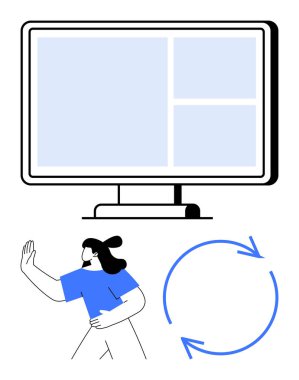Okları dairesel bir döngü içinde bilgisayar monitörünün yanında duran kişi. İş akışı, süreç, geri bildirim, tekrarlama, yineleme, teknoloji ve işbirliği için ideal. Düz basit metafor