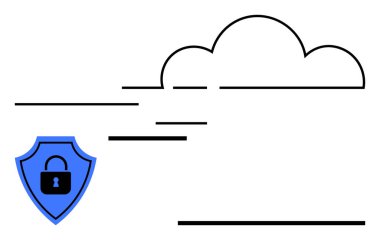 Kilitli mavi kalkan ve basitleştirilmiş bulut şekli bulut deposunda güvenlik olduğunu gösteriyor. Siber güvenlik, gizlilik, şifreleme, dijital güvenlik, ağ koruması, veri yönetimi için ideal