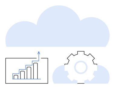Başarı ve mekanizma teçhizatı için yukarı doğru grafikli bulut arkaplanı. Yenilik, otomasyon, analitik, teknoloji, ilerleme, dijital dönüşüm, takım çalışması, düz basit metafor